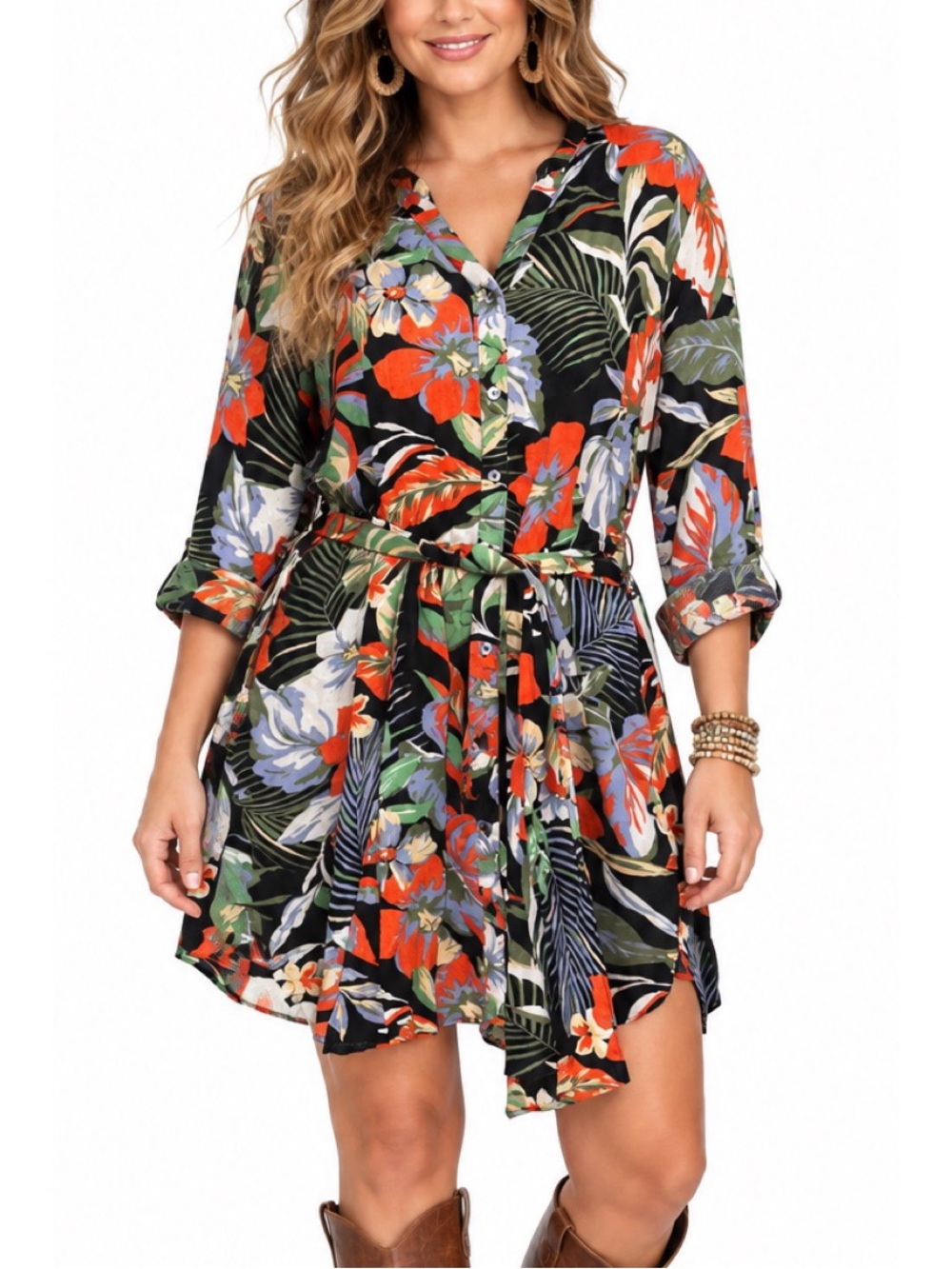 C&C California linen blend shirt dress featuring a vibrant tropical floral print